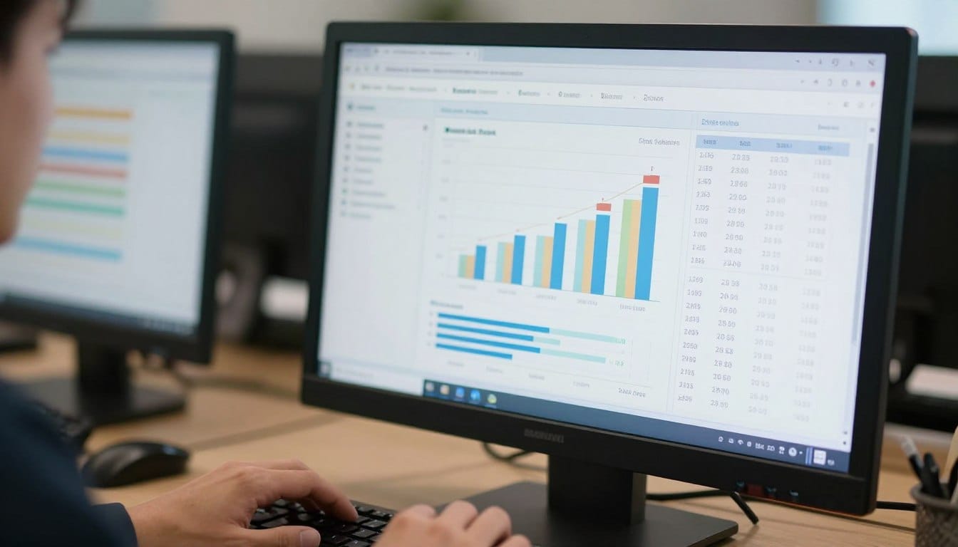 Person reviewing a chart and table on a computer screen (illustrative image)