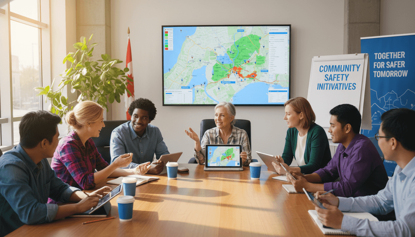 Illustration of community members discussing safety information