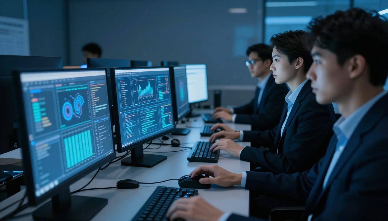 People working in a monitoring room with multiple screens (illustrative image)