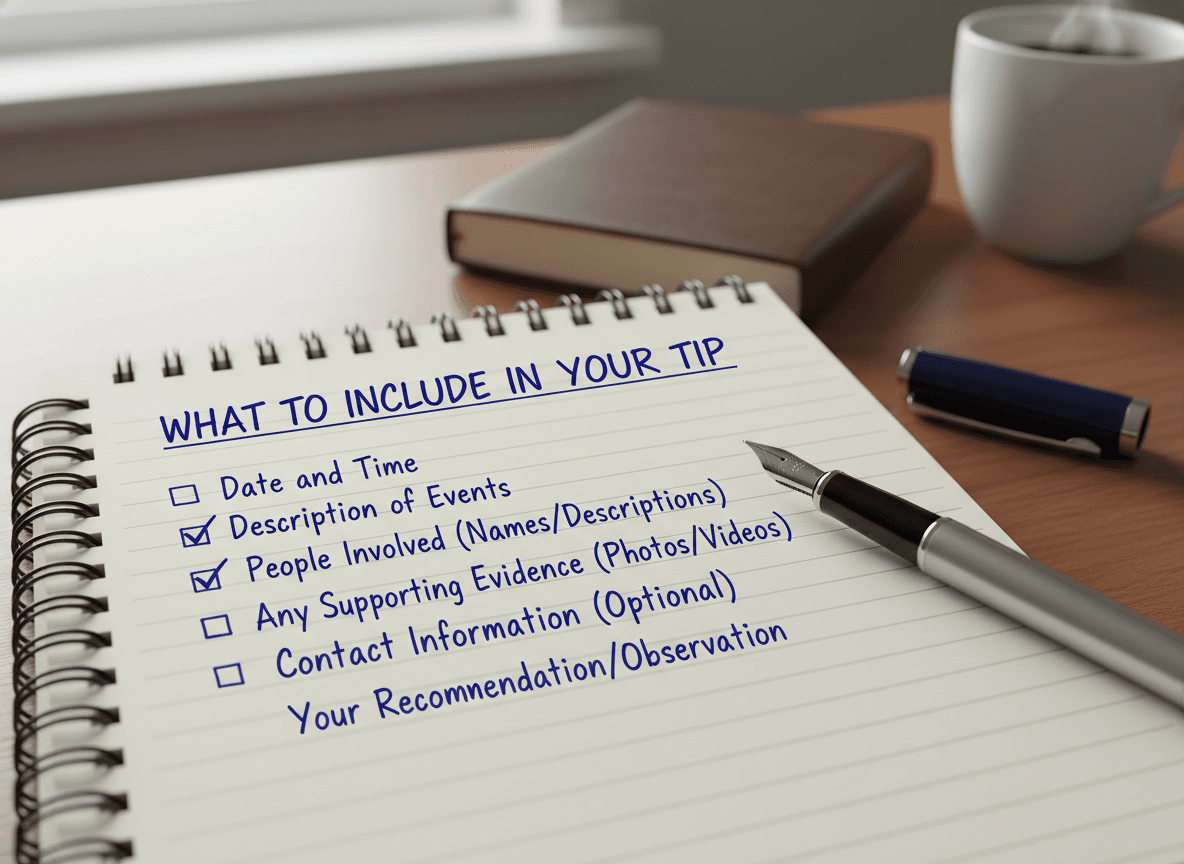 Organized notepad showing a structured list of information to include when submitting a Contact / Report a Tip