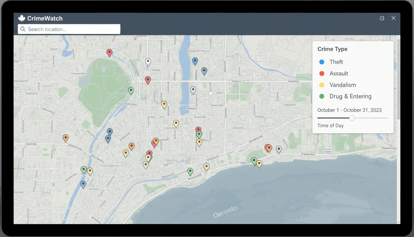 Illustration of a map interface used to explore crime patterns by area