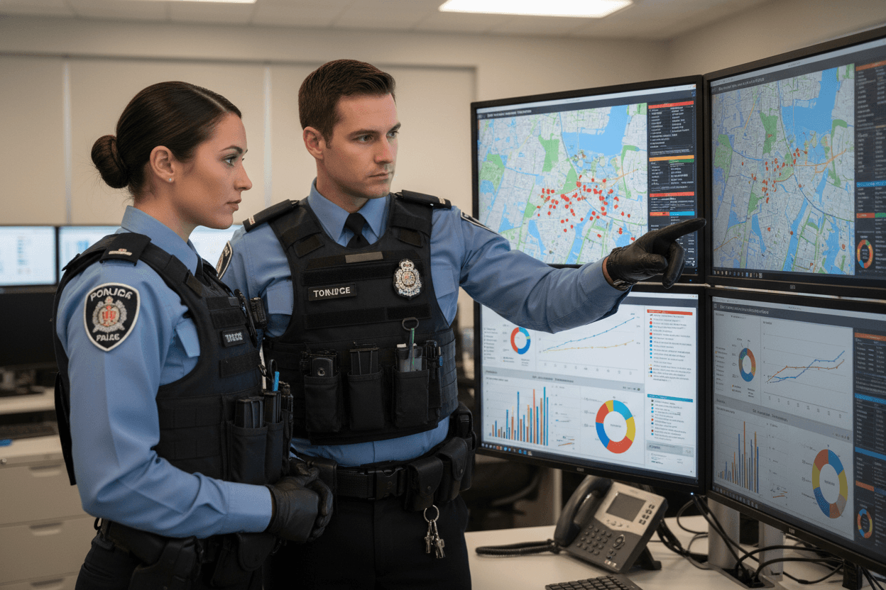 Illustration of people reviewing crime statistics and charts