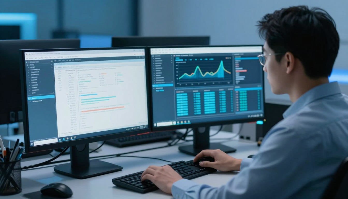 Analyst at computer monitors reviewing dashboards (illustrative image)