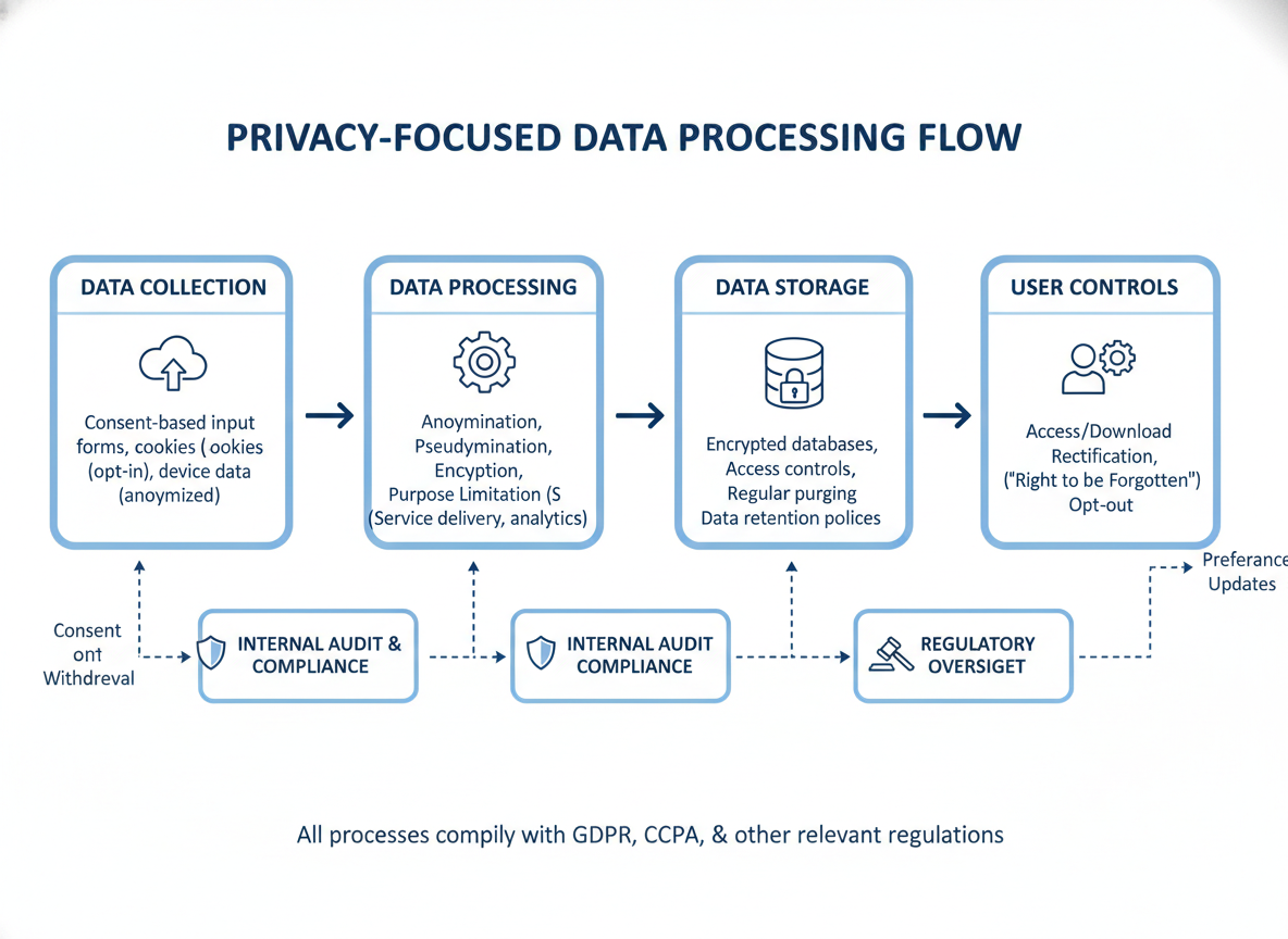 Privacy & Cookie Policy data usage flowchart showing how information moves through the system