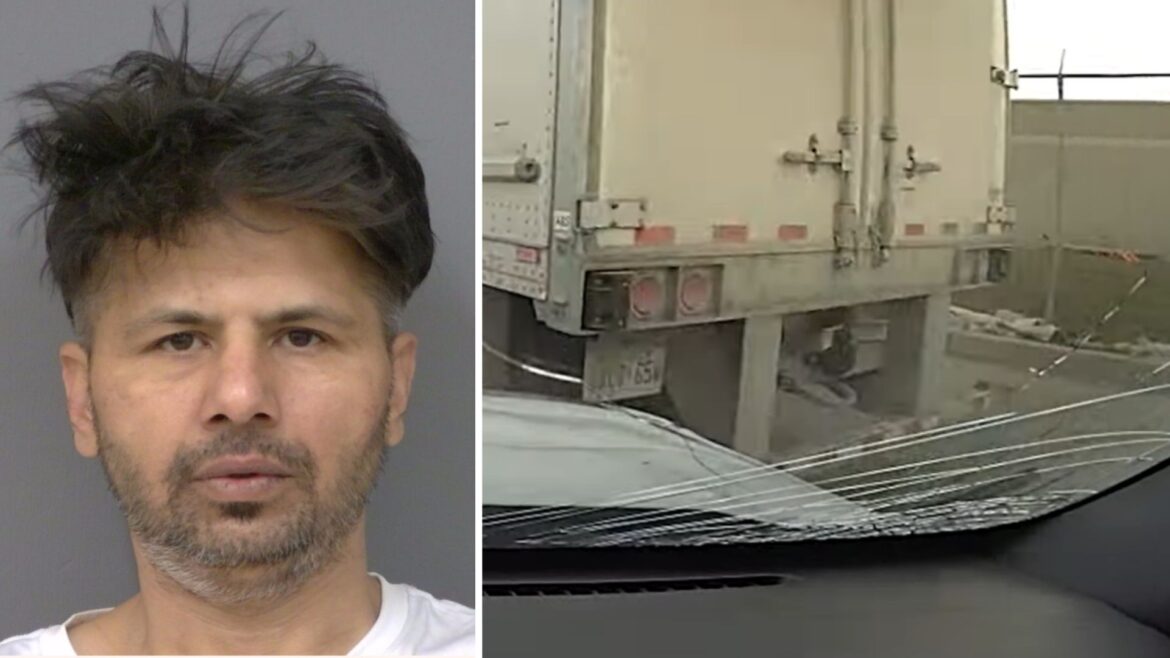 Composite image showing Peel Regional Police-released photo of Nirmal Singh and dashcam-style view of semi-trailer with apparent windshield damage after Brampton police cruiser collision