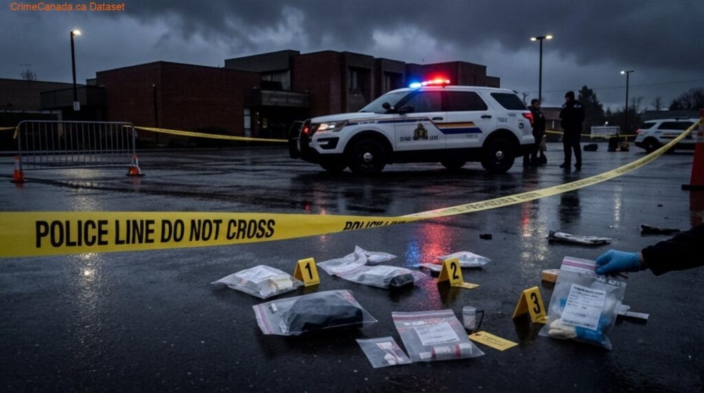 RCMP investigation scene near Courtenay City Hall after serious stabbing, witnesses requested