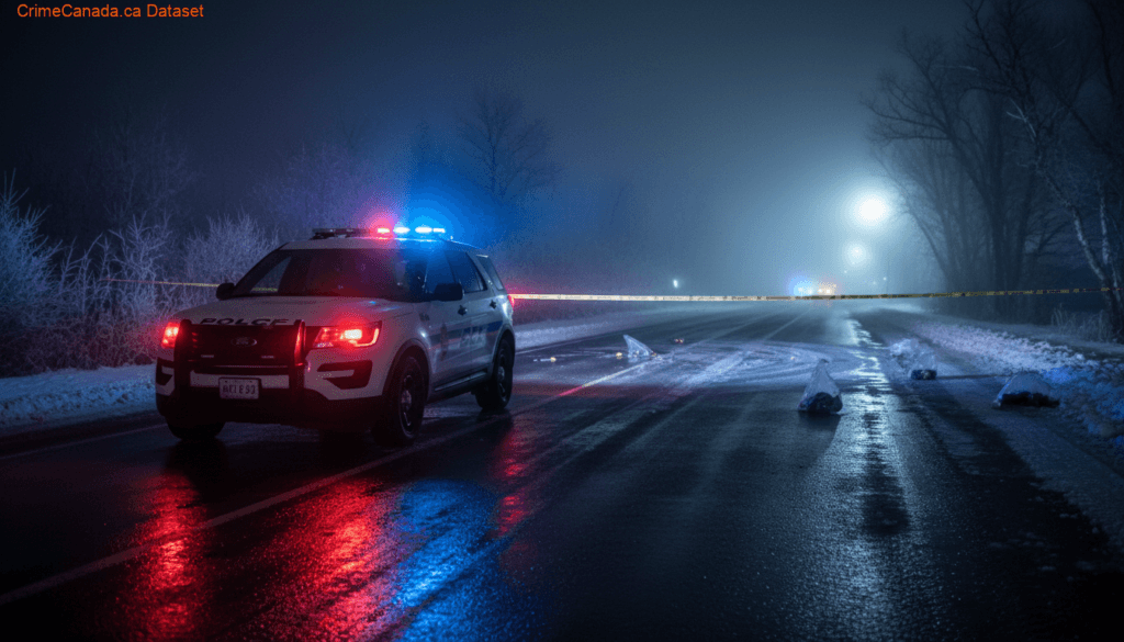 White passenger car with flat driver-side tires stopped on roadway after RCMP spike belt deployment in Conception Harbour NL