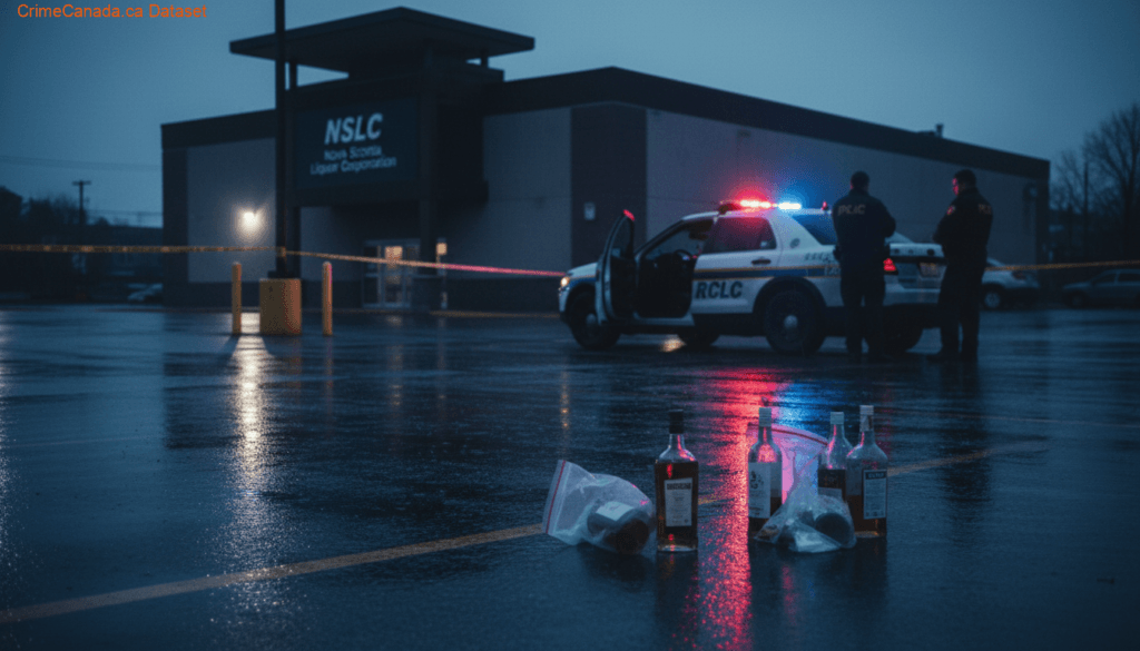 RCMP crime scene and NSLC storefront in Halifax Regional Municipality related to multiple theft under 5000 charges