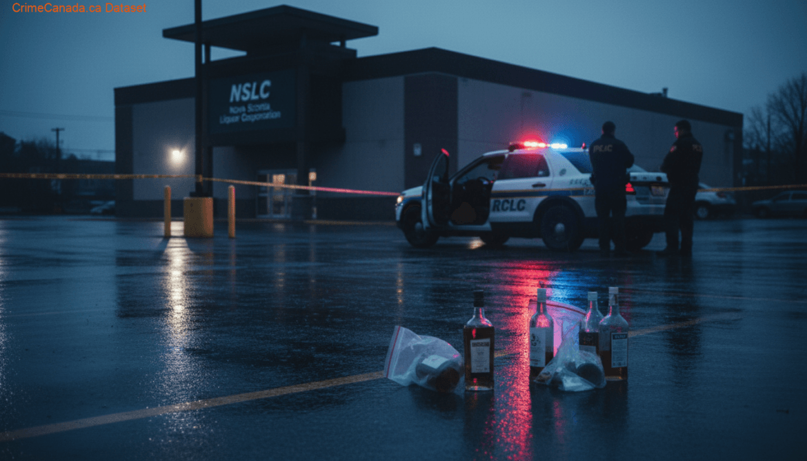 RCMP crime scene and NSLC storefront in Halifax Regional Municipality related to multiple theft under 5000 charges