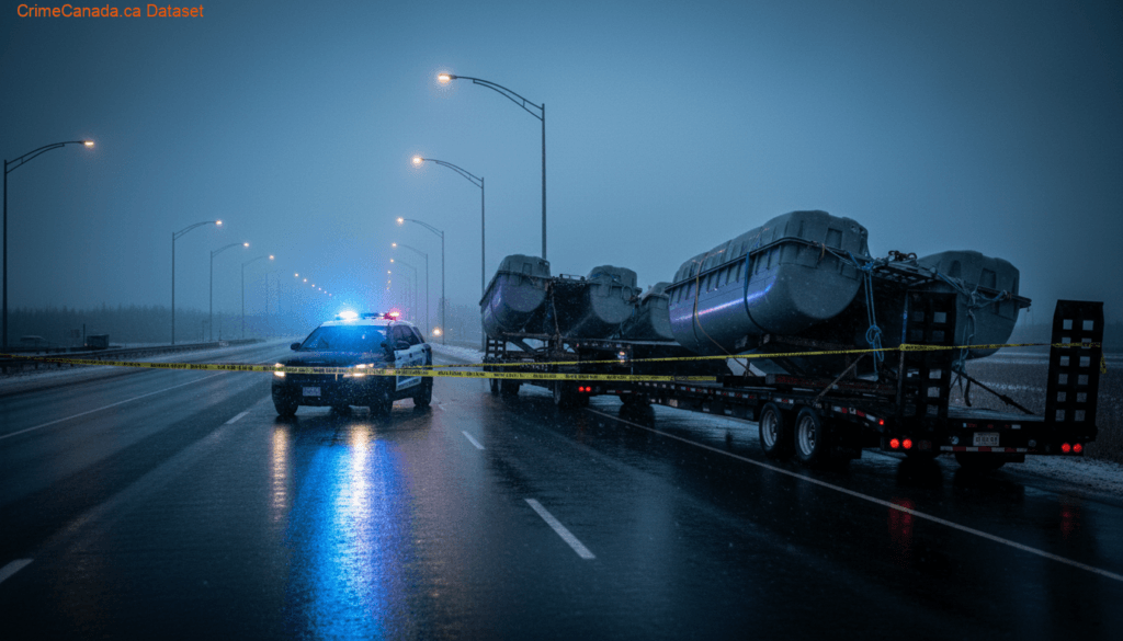RCMP traffic stop in Head of Bay d’Espoir involving a damaged truck unsafely towing a floating dock on tandem trailers