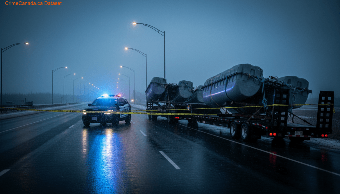 RCMP traffic stop in Head of Bay d’Espoir involving a damaged truck unsafely towing a floating dock on tandem trailers