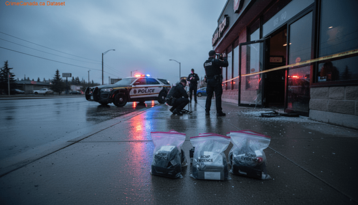 Wood Buffalo RCMP patrol vehicle near commercial buildings in Fort McMurray after a Boston Pizza break and enter