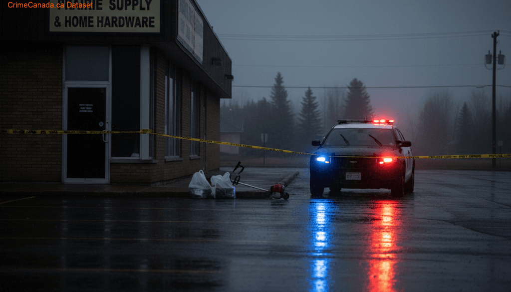 RCMP investigation scene after Portage la Prairie business break-in and arrests on May 8, 2026