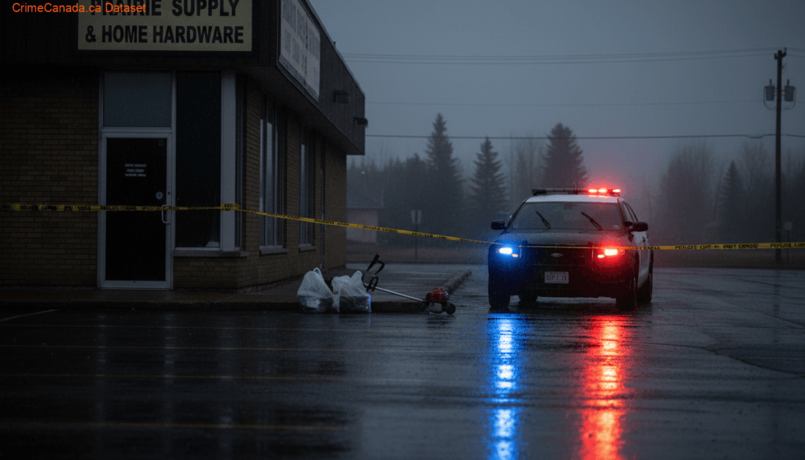 RCMP investigation scene after Portage la Prairie business break-in and arrests on May 8, 2026