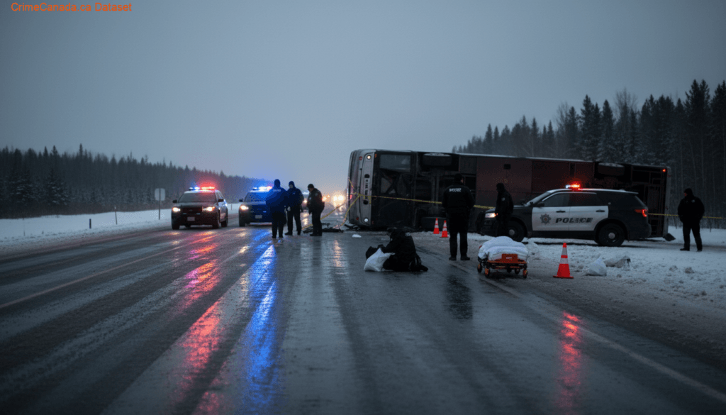 RCMP and emergency services at coach bus rollover scene near Beaverlodge Alberta on Highway 672