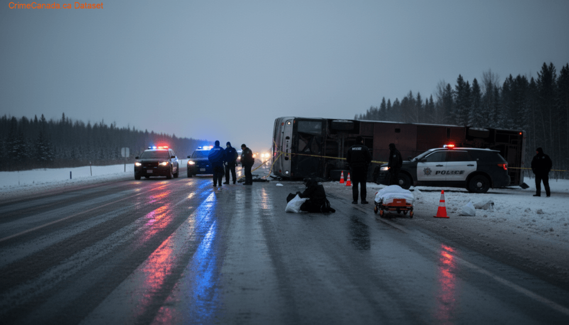 RCMP and emergency services at coach bus rollover scene near Beaverlodge Alberta on Highway 672