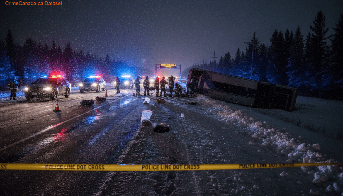 RCMP and EMS responding to a coach bus rollover on Highway 672 near Beaverlodge Alberta