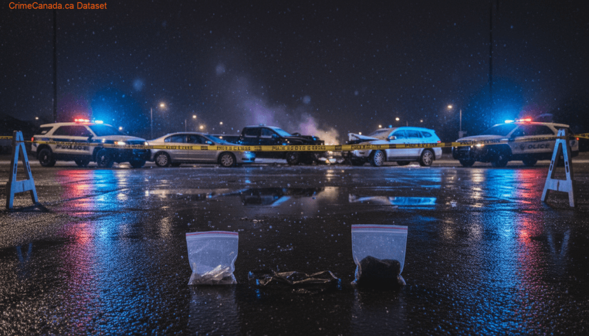 Police vehicles and investigators at the scene of a targeted collision and shooting on Bayside Boulevard in Airdrie, Alberta