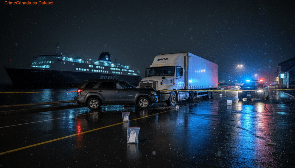 Green SUV with heavy driver-side damage after collision at Port aux Basques ferry terminal impaired driving investigation