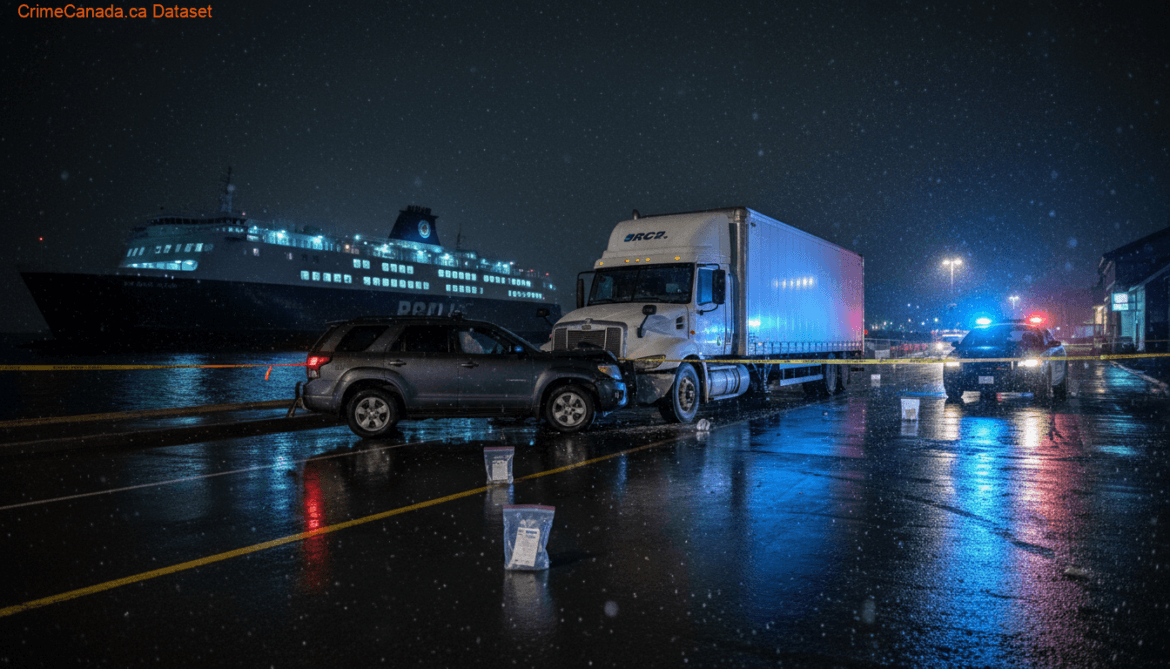 Green SUV with heavy driver-side damage after collision at Port aux Basques ferry terminal impaired driving investigation