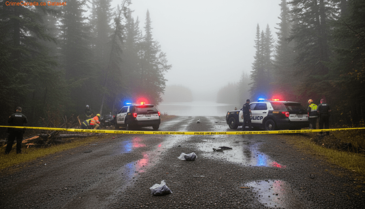 Tree blocking Highway 10 after a serious single-vehicle collision near Moon Lake in Riding Mountain National Park, Manitoba