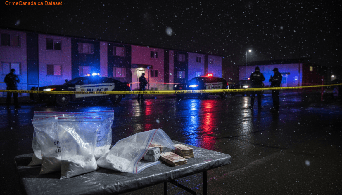 Inuvik RCMP crime scene related to a drug search warrant and seizure on Bompas Street in May 2026