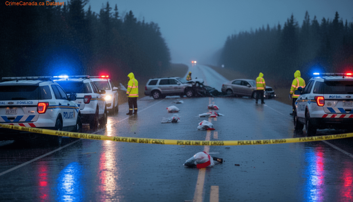 Scene of a fatal single-vehicle crash on Route 100 Cape Shore Highway near Placentia Newfoundland and Labrador