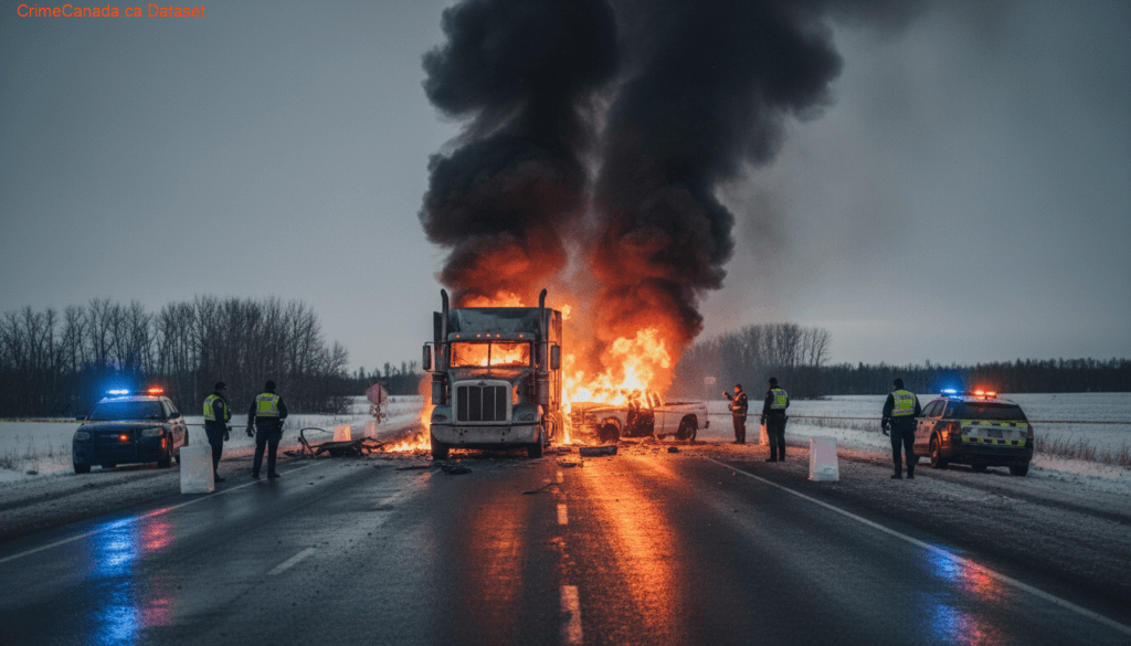 Collision scene involving a semi-truck and pickup truck near Township Road 524 and Highway 770 in Parkland County Alberta