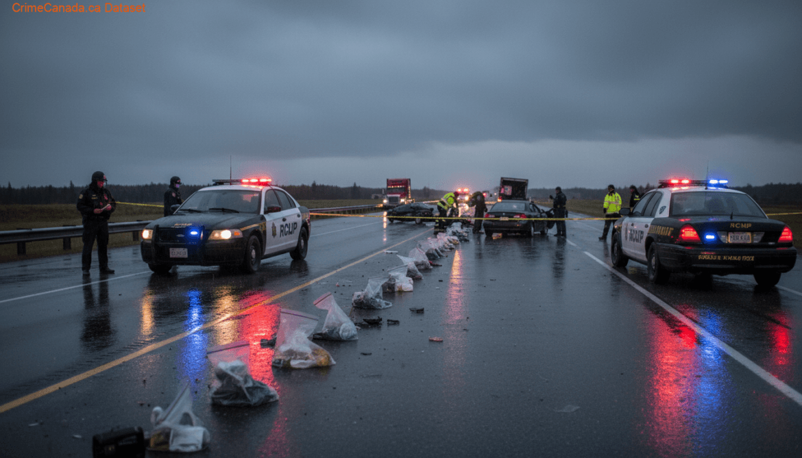 RCMP investigation scene after fatal head-on collision on Highway 44 near Slave Lake Alberta