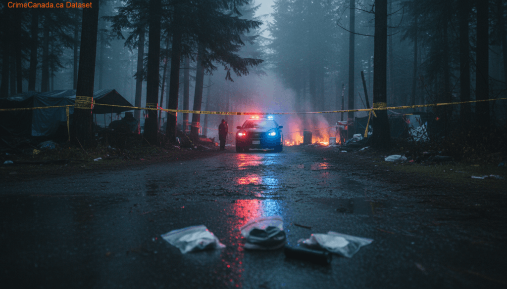 Scene context for first-degree murder and arson charges after a fatal fire at an encampment in Abbotsford, British Columbia