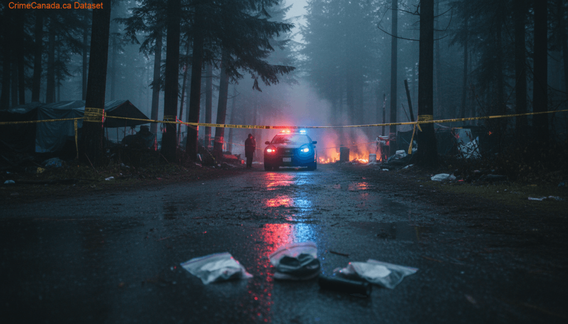 Scene context for first-degree murder and arson charges after a fatal fire at an encampment in Abbotsford, British Columbia