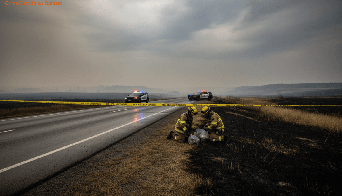 Emergency response along Highway 587 near Sundre Alberta after a contained grass fire and highway reopening
