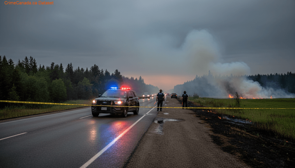 Highway 587 closed between Range Roads 43 and 45 near Sundre, Alberta because of a grass fire