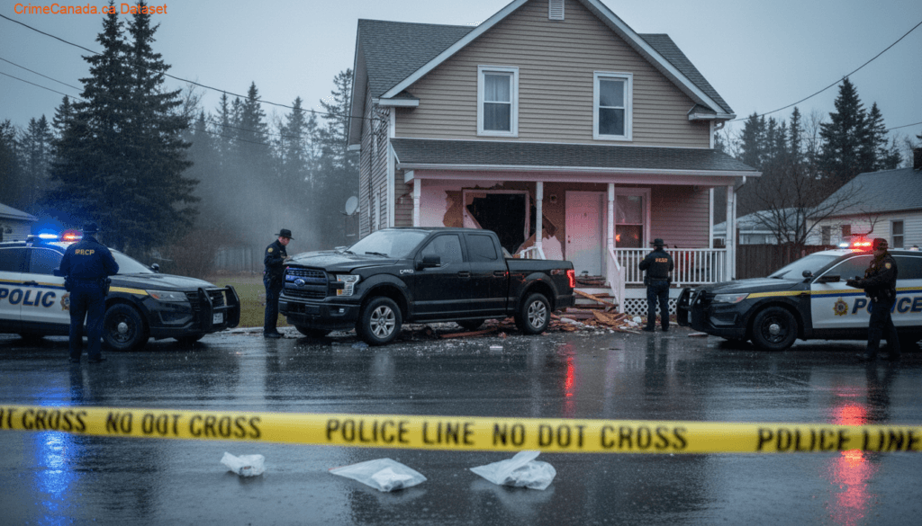 Bay Roberts RCMP impaired driving investigation after pickup truck strikes home on Bareneed Road in Bareneed Newfoundland and Labrador