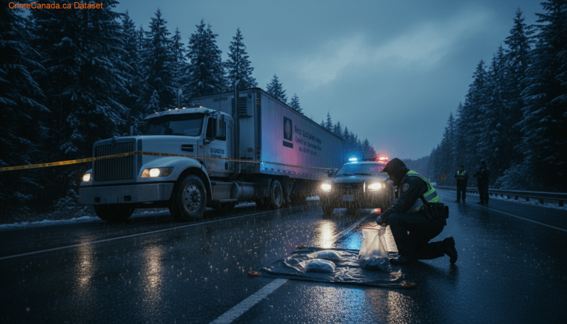 Heavy commercial truck being towed after BC Highway Patrol impaired and speeding stop near Popkum, British Columbia