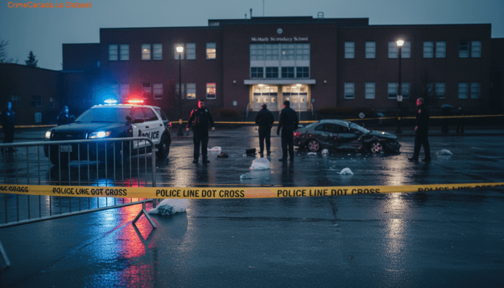 RCMP-led mock crash demonstration at McMath Secondary School in Richmond BC showing first responders and damaged vehicles to warn students about risky driving