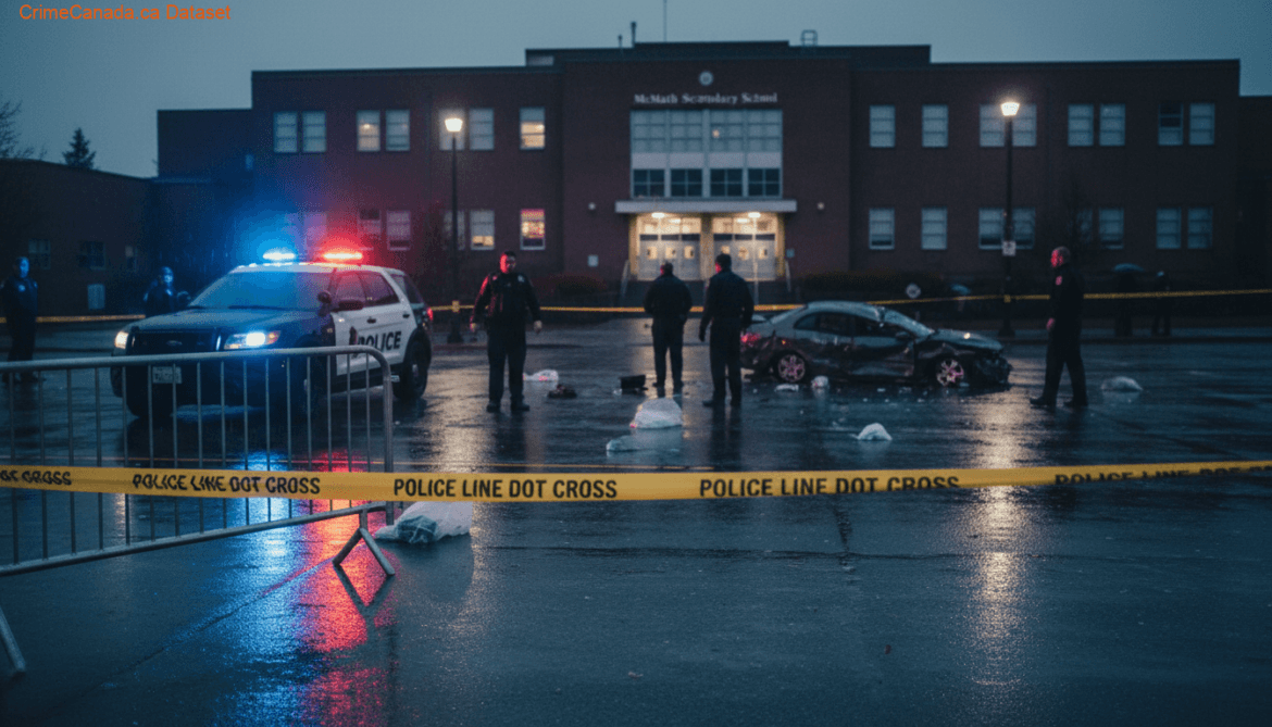 RCMP-led mock crash demonstration at McMath Secondary School in Richmond BC showing first responders and damaged vehicles to warn students about risky driving