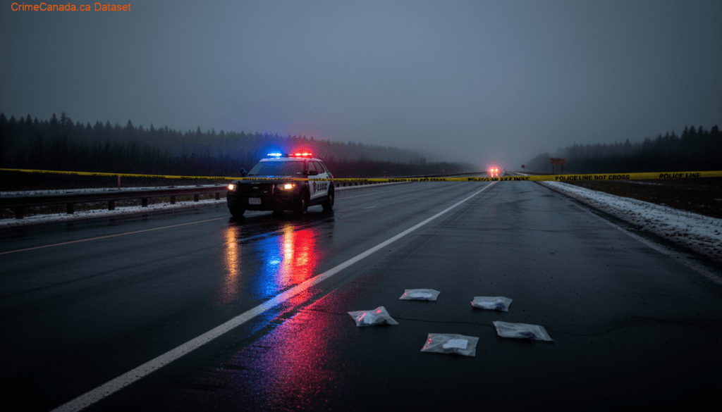 Clairmont RCMP investigation scene on Highway 666 near Grovedale, Alberta, following a fatal pedestrian collision.