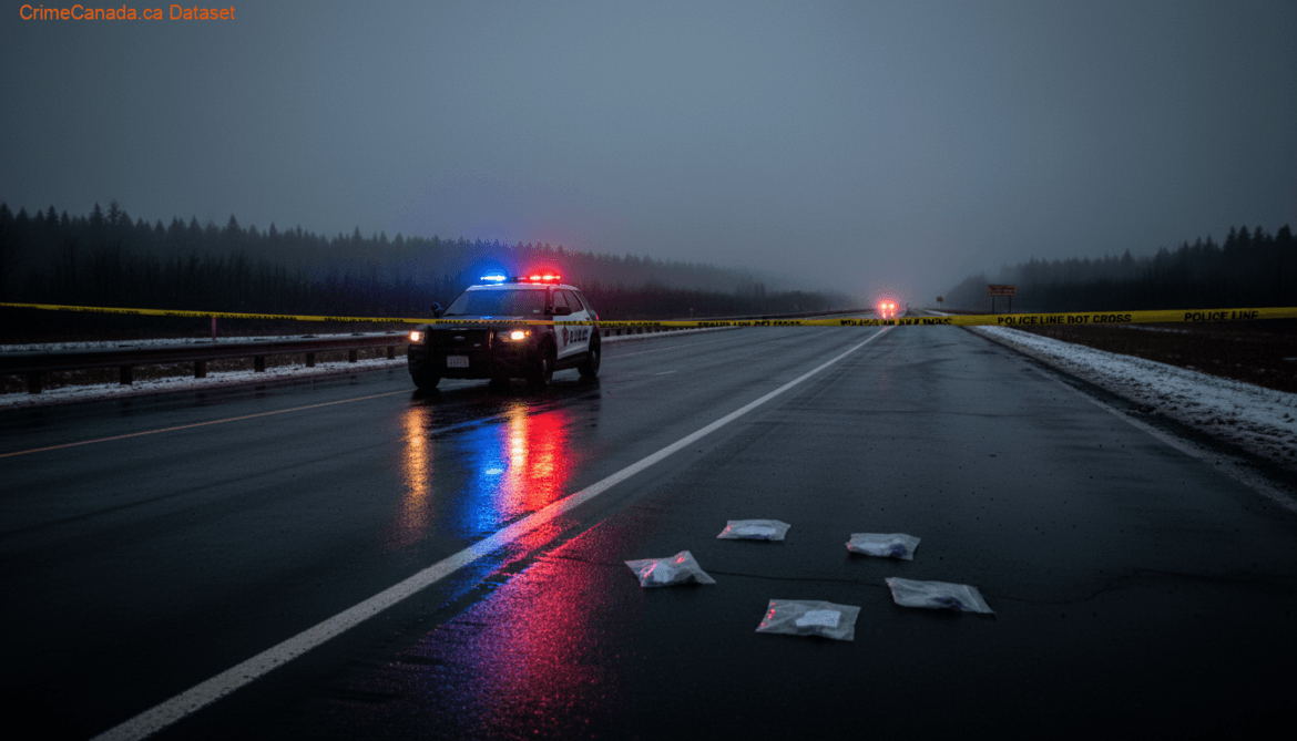 Clairmont RCMP investigation scene on Highway 666 near Grovedale, Alberta, following a fatal pedestrian collision.