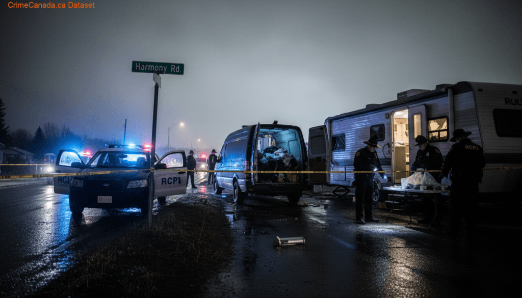 RCMP investigation scene involving recovered stolen van and travel trailer in Harmony, Nova Scotia