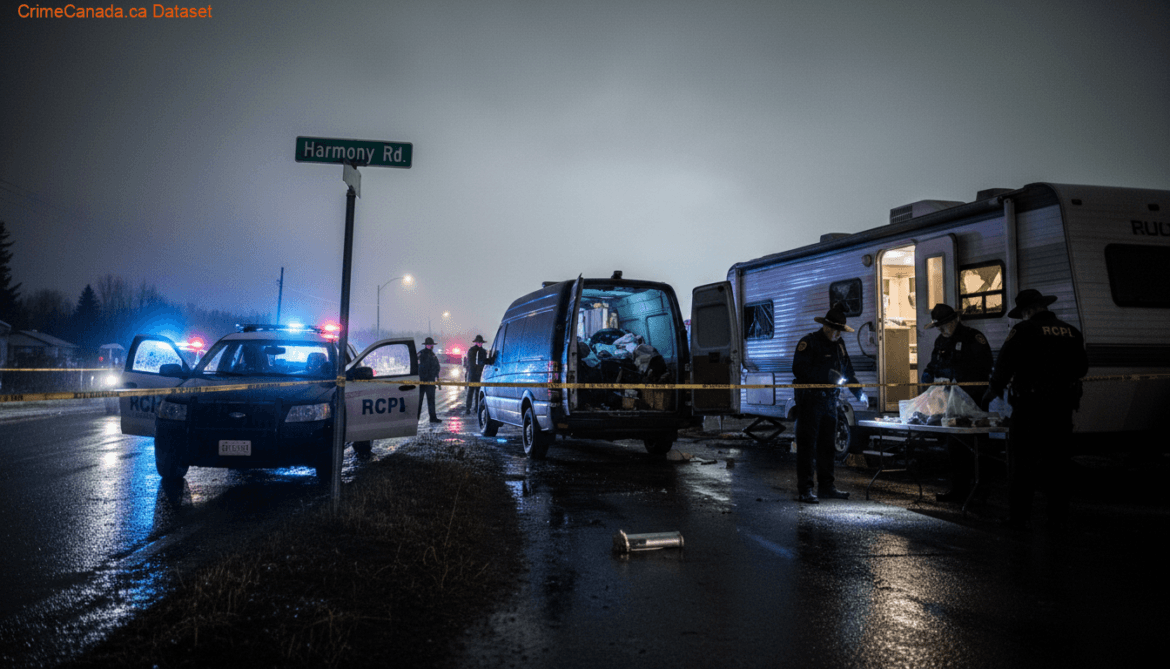 RCMP investigation scene involving recovered stolen van and travel trailer in Harmony, Nova Scotia