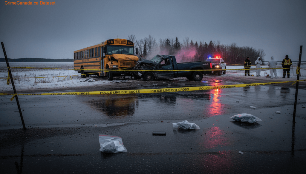 School bus and pickup truck collision scene in the RM of Portage la Prairie, Manitoba
