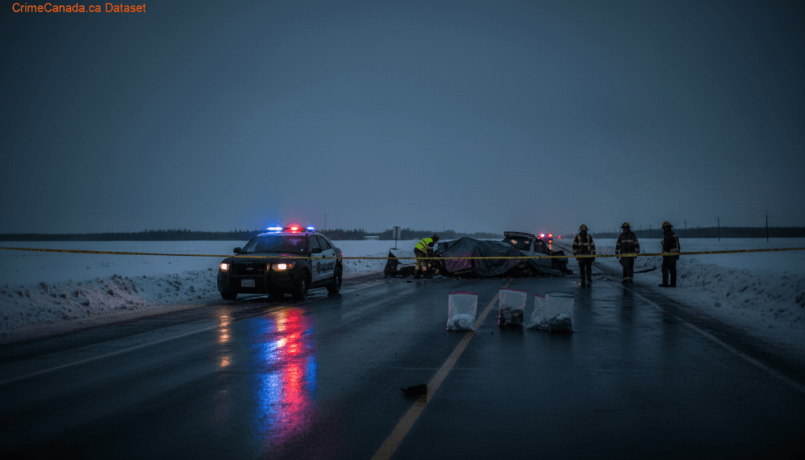 Scene of a fatal head-on collision on Highway 55 near Bonnyville Alberta involving a pickup and semi-truck