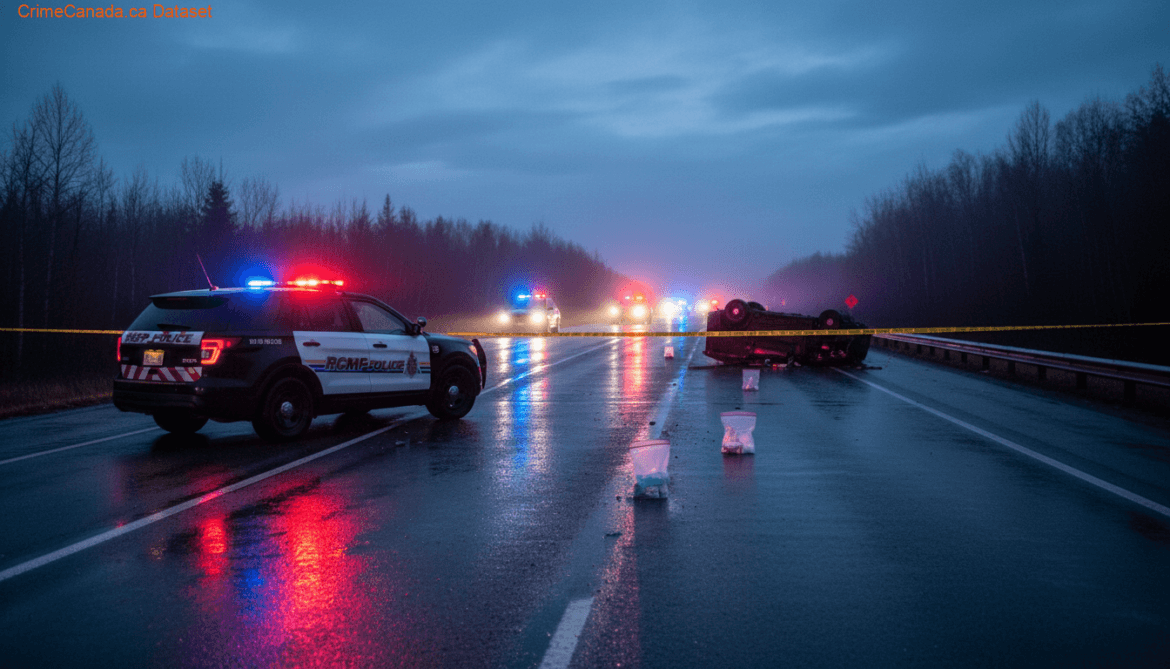 RCMP units and emergency responders at the scene of a fatal collision on Highway 2 south of Slave Lake Alberta