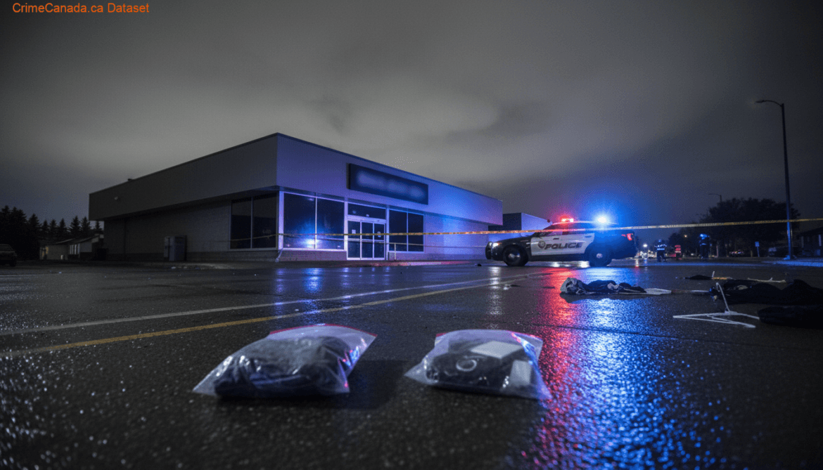 RCMP response scene near retail stores on Saskatchewan Avenue West in Portage la Prairie, Manitoba following a shoplifting arrest