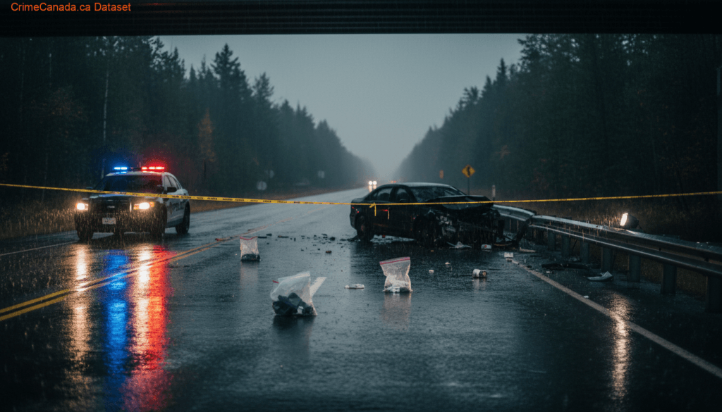 Scene of a fatal single-vehicle crash on Route 2 near Oromocto, New Brunswick, under the Route 7 overpass