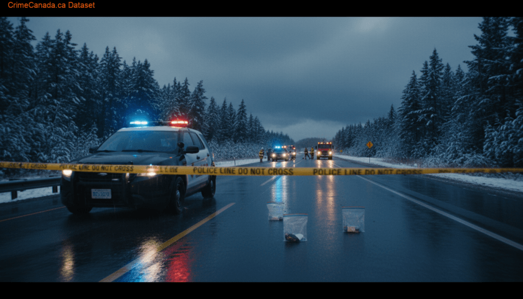 Collision scene in Coquitlam BC showing damaged white Audi, red pickup truck and black police SUV from Slow Down Move Over incident