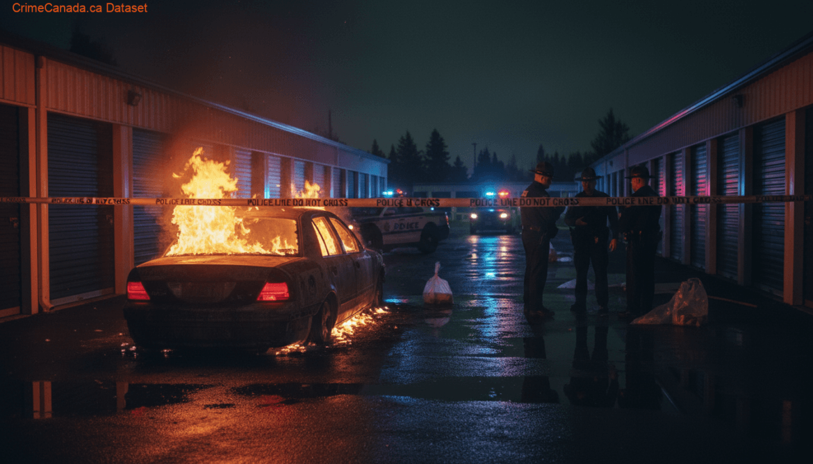 RCMP investigation scene following a suspicious vehicle fire and death in Carman, Manitoba