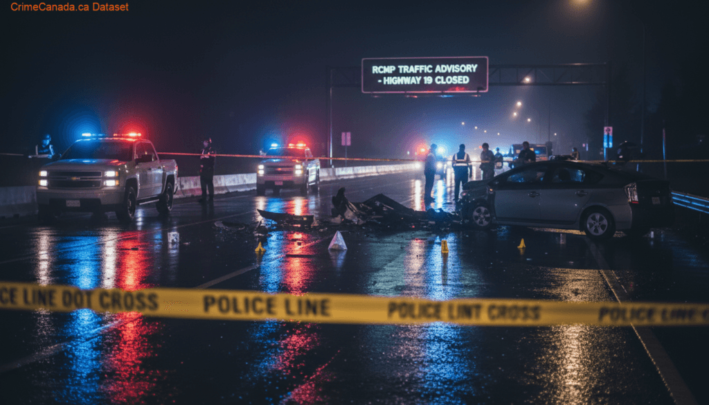 BC Highway Patrol, firefighters, and air ambulance responding to a head-on crash involving a white pickup and grey Toyota Prius on Highway 19 near Parksville, BC