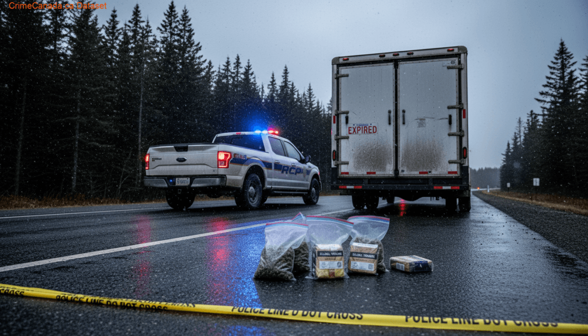 RCMP traffic stop near Amherst, Nova Scotia, leading to seizure of illegal cannabis and unstamped tobacco